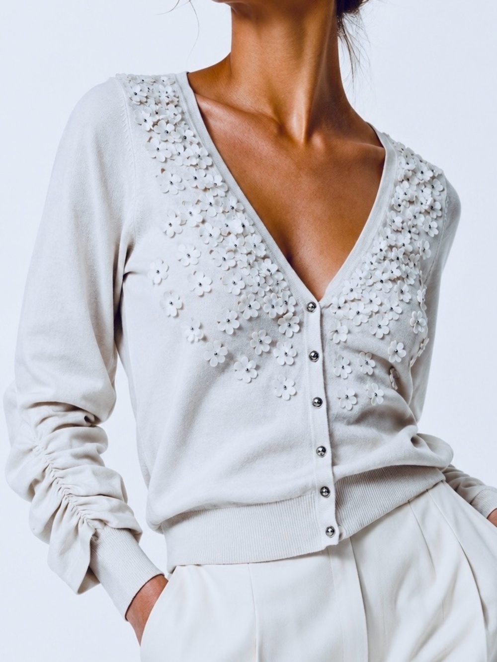 INC Pale Grey & Ivory V-Neck Floral Appliqué Cardigan Sweater